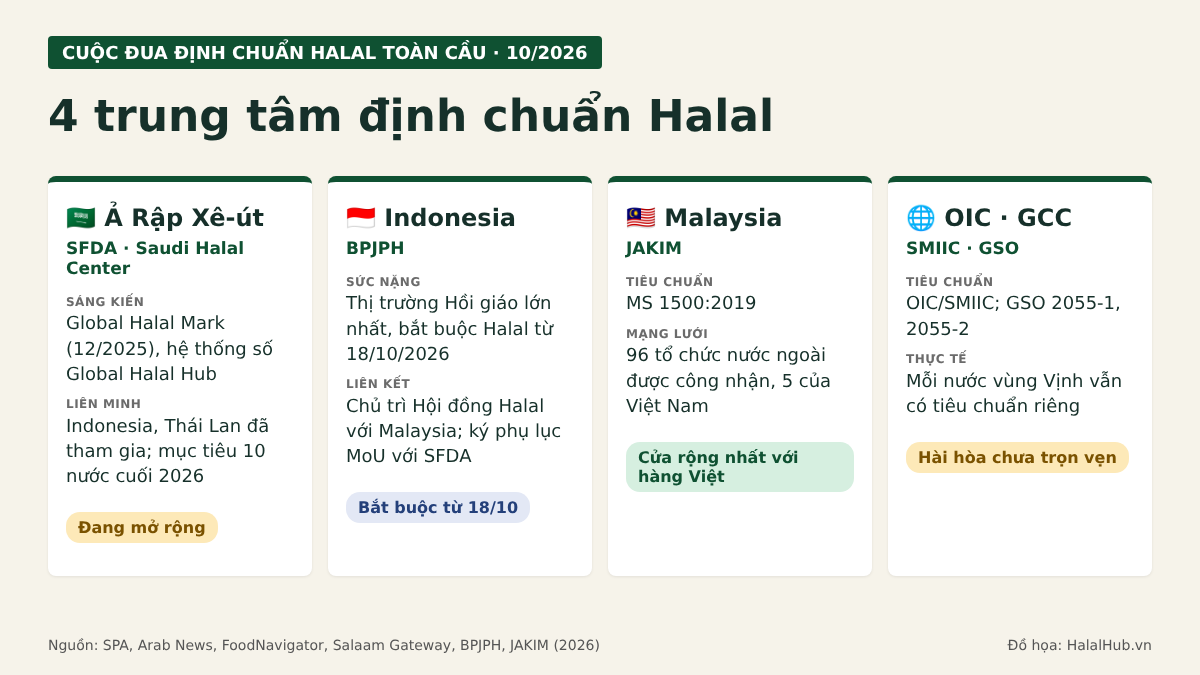 Four Halal standard-setting centres and where Vietnamese goods stand. Graphic: HalalHub.vn, compiled from SPA, Arab News, FoodNavigator, Salaam Gateway, BPJPH and JAKIM.